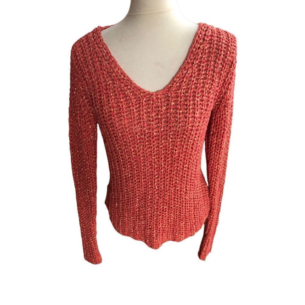 Talbots open knit autumn orange with yellow flecks long sleeve vee neck sweater.
